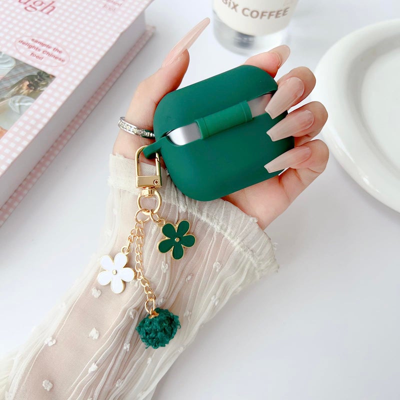 OTOPO Cute Green Case for Samsung Galaxy Buds 3/3 Pro/3 FE Cover for Girl Women with Pom pom Flower Keychain & Cleaner Pen, Soft Silicone Galaxy Bud Pro 3/Buds3/Bud 3 FE Protective Cover Skin - Image 3