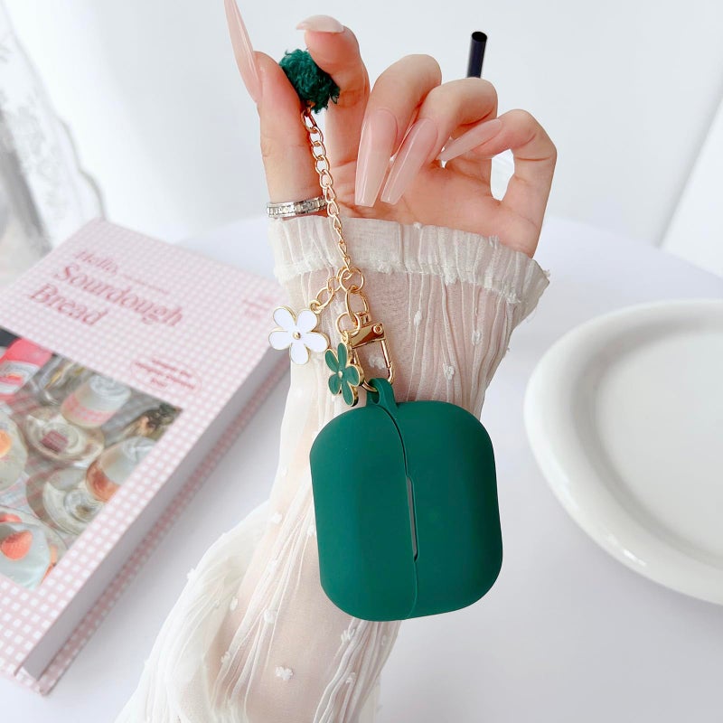 OTOPO Cute Green Case for Samsung Galaxy Buds 3/3 Pro/3 FE Cover for Girl Women with Pom pom Flower Keychain & Cleaner Pen, Soft Silicone Galaxy Bud Pro 3/Buds3/Bud 3 FE Protective Cover Skin - Image 2