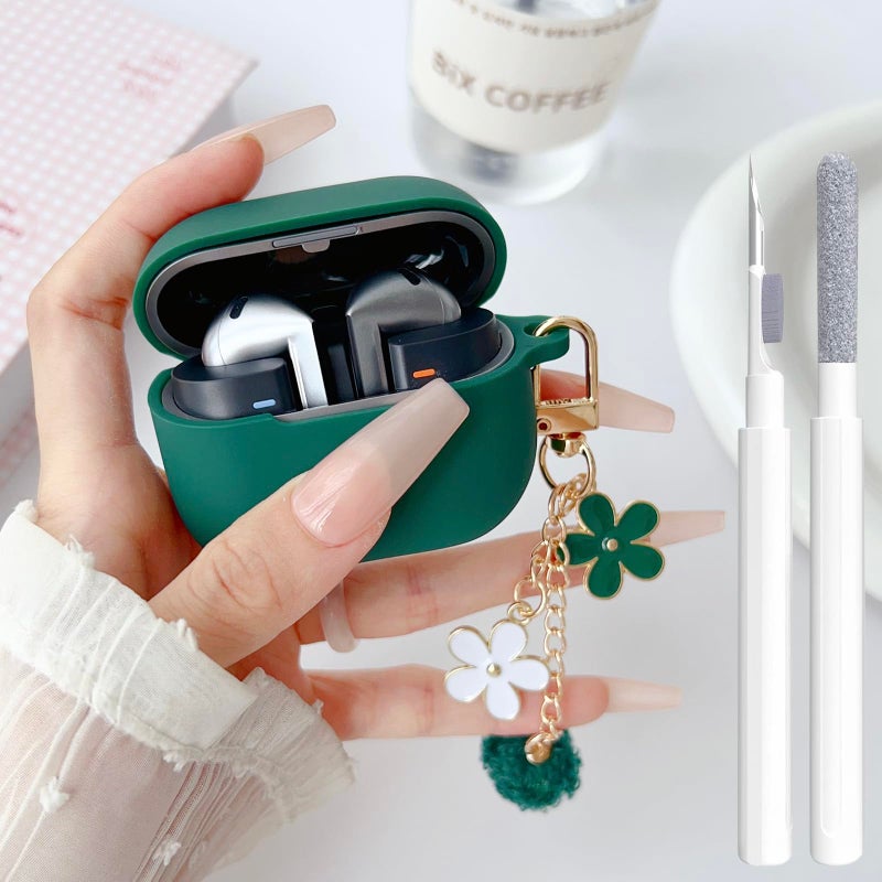 OTOPO Cute Green Case for Samsung Galaxy Buds 3/3 Pro/3 FE Cover for Girl Women with Pom pom Flower Keychain & Cleaner Pen, Soft Silicone Galaxy Bud Pro 3/Buds3/Bud 3 FE Protective Cover Skin - Image 1