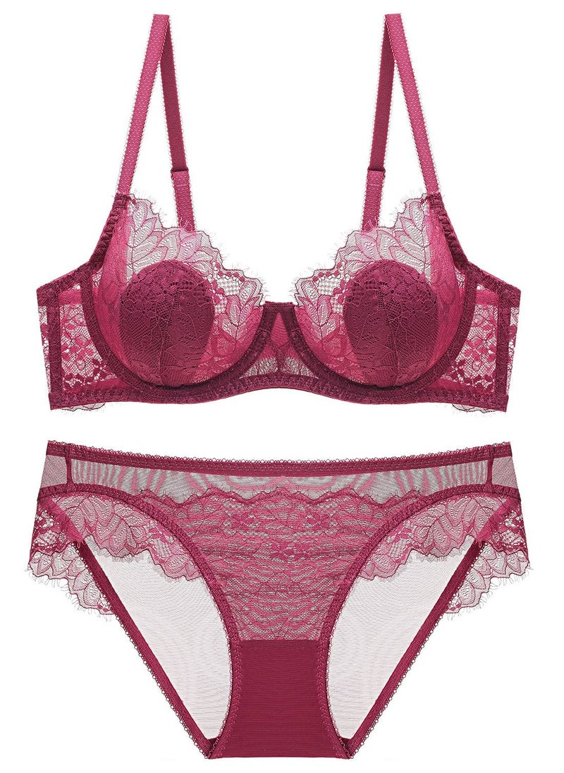 Loquat - Comfy Thin Cup Lace Bra And Panty Set Wine Red - Image 1