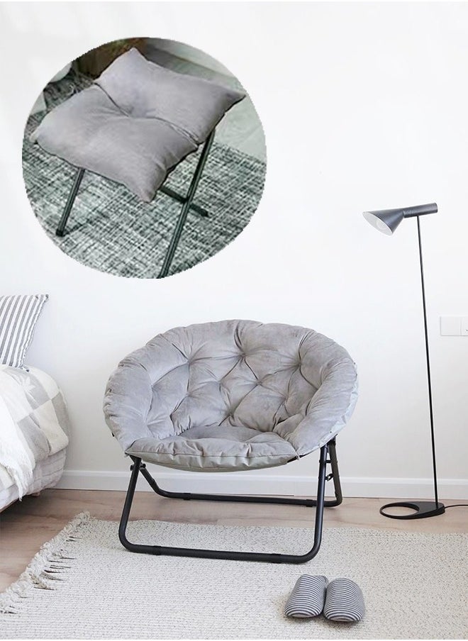 Raffine Set of 2 Modern Design Portable Comfortable Fabric Round Folding Chair Cozy Chair with Black Iron Frame and Rectangular Footrest Stool for Bedroom Living Room Garden Patio 94x67x82 and 38x38x40 cm(Fully Assembled)  - Image 1