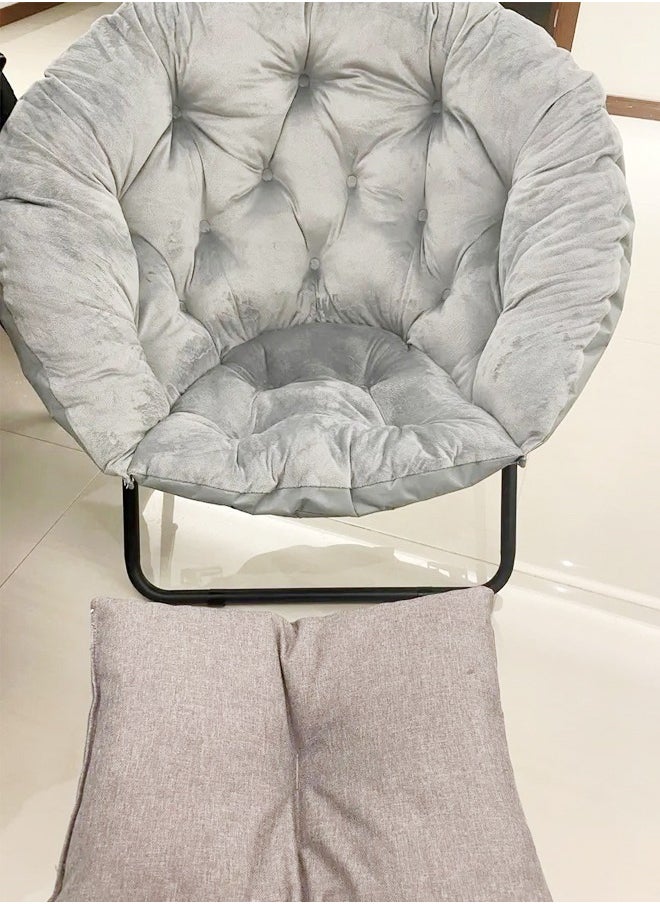 Raffine Set of 2 Modern Design Portable Comfortable Fabric Round Folding Chair Cozy Chair with Black Iron Frame and Rectangular Footrest Stool for Bedroom Living Room Garden Patio 94x67x82 and 38x38x40 cm(Fully Assembled)  - Image 2