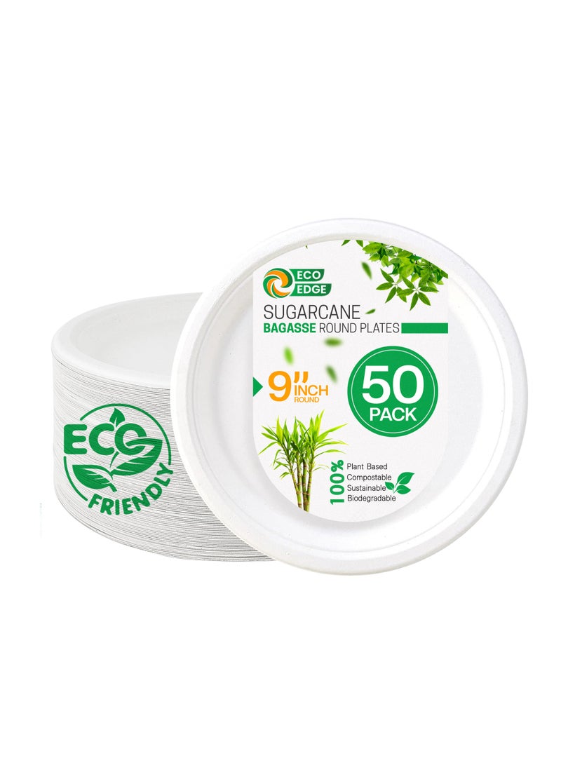 EcoEdge EcoEdge 9 Inch Round White Disposable Sugarcane Bagasse Plates (Pack of 50) | Strong, Organic, Plant Based, Light weight | Event Ready, Zero-Waste | BPA Free, Low Carbon Footprint | 100% Compostable  - Image 1
