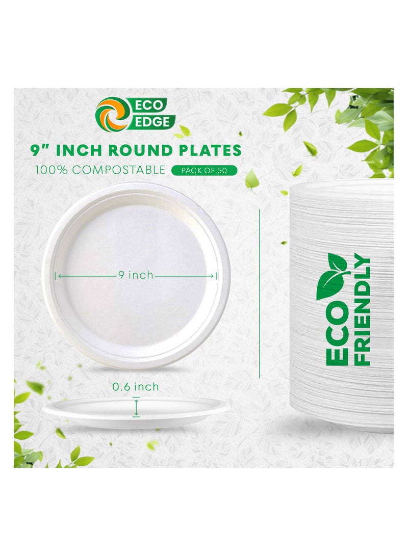 EcoEdge EcoEdge 9 Inch Round White Disposable Sugarcane Bagasse Plates (Pack of 50) | Strong, Organic, Plant Based, Light weight | Event Ready, Zero-Waste | BPA Free, Low Carbon Footprint | 100% Compostable  - Image 4
