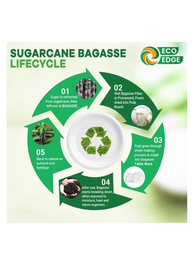 EcoEdge EcoEdge 9 Inch Round White Disposable Sugarcane Bagasse Plates (Pack of 50) | Strong, Organic, Plant Based, Light weight | Event Ready, Zero-Waste | BPA Free, Low Carbon Footprint | 100% Compostable  - Image 2