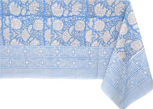 ATOSII Azora Blue 100 Cotton Rectangle Summer Tablecloth Block Print Floral Table Cloth for Dining Outdoors Parties Weddings I Grand Millenial Decor 60 X 90 Inches I 6 Seater I Memorial Day