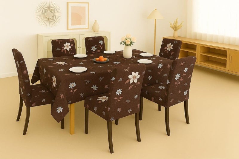 Homerz Premium 6 Seater Dining Table Cloth with 6 Dining Chair Covers,Elastic Fitted Chair Slipcovers, Printed Polycotton Fabric, Table Cloth Size 60x90 inch (Brownie) - Image 1