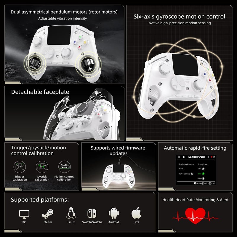 Voacle RG G01 Interactive Screen Wireless Gaming Controller Compatible with PC/Steam/Linux/Android/Switch/IOS 2.4G Wireless Bluetooth Controller Gamepad Hall Effect Triggers(White) - Image 4