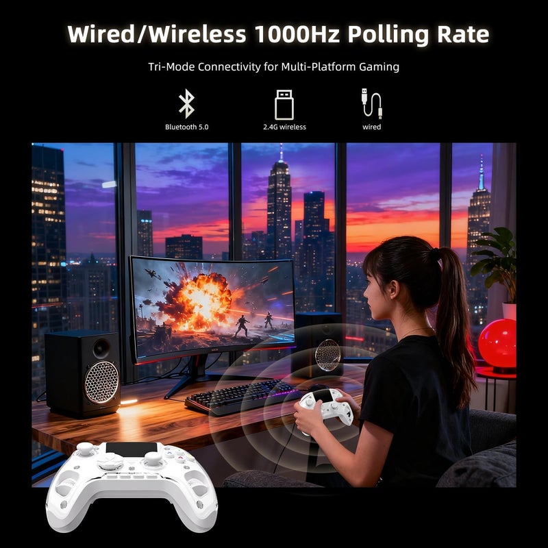 Voacle RG G01 Interactive Screen Wireless Gaming Controller Compatible with PC/Steam/Linux/Android/Switch/IOS 2.4G Wireless Bluetooth Controller Gamepad Hall Effect Triggers(White) - Image 5