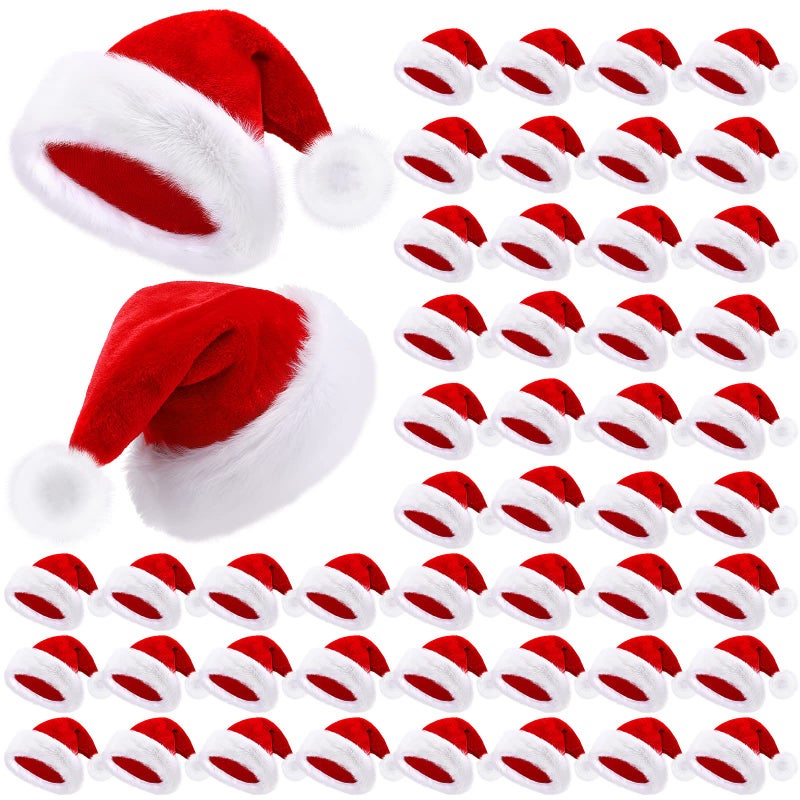 Vicenpal 50 Pcs Santa Hat Bulk Christmas Hat Plush Velvet Party Favors for Men Women Christmas Party Decoration and SuppliesRed