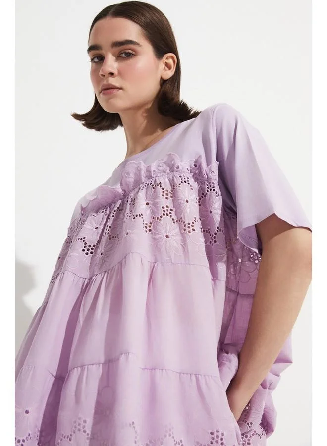 جون June Women Guipure Detailed Woven Cotton Blouse Lilac