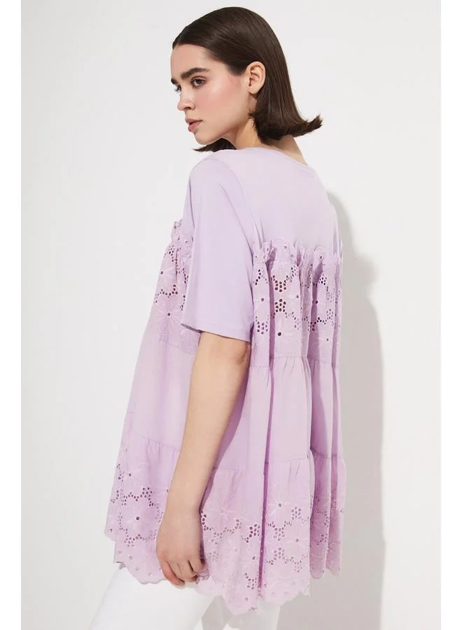 جون June Women Guipure Detailed Woven Cotton Blouse Lilac