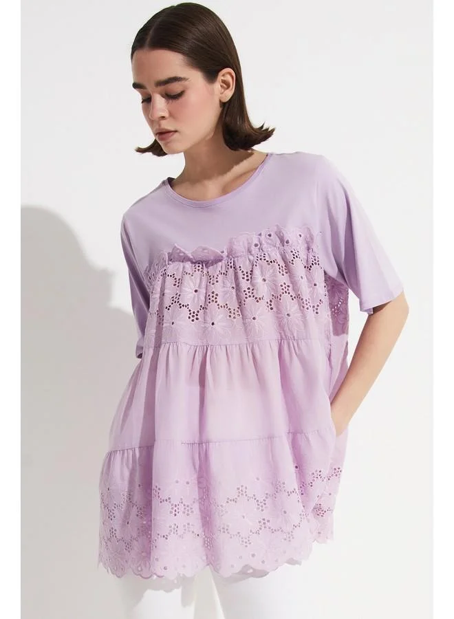 جون June Women Guipure Detailed Woven Cotton Blouse Lilac