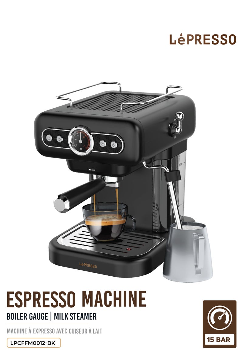 LePRESSO Espresso Machine Retro with Boiler Gauge & Flow Meter / Cup Warmer / Washable Drip Tray / Steam Control / 1.2 L Tank Capacity / 15 Bar Pressure - Black - Image 1
