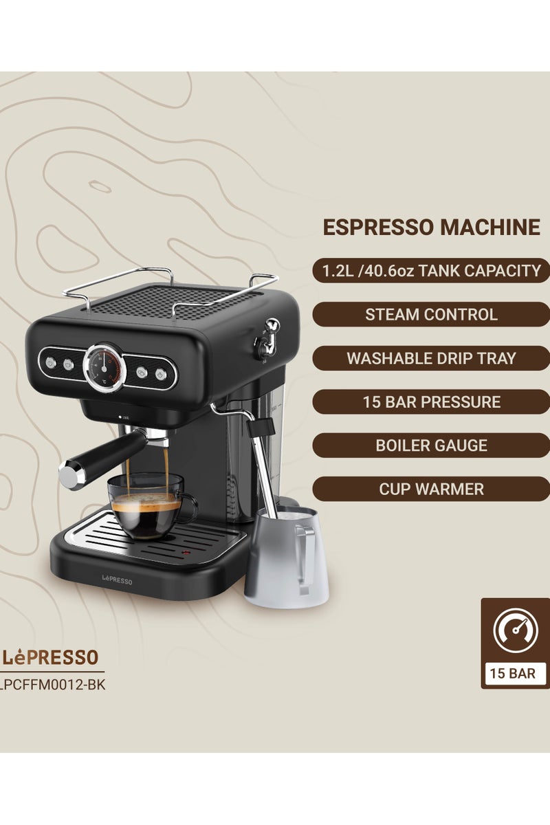 LePRESSO Espresso Machine Retro with Boiler Gauge & Flow Meter / Cup Warmer / Washable Drip Tray / Steam Control / 1.2 L Tank Capacity / 15 Bar Pressure - Black - Image 4