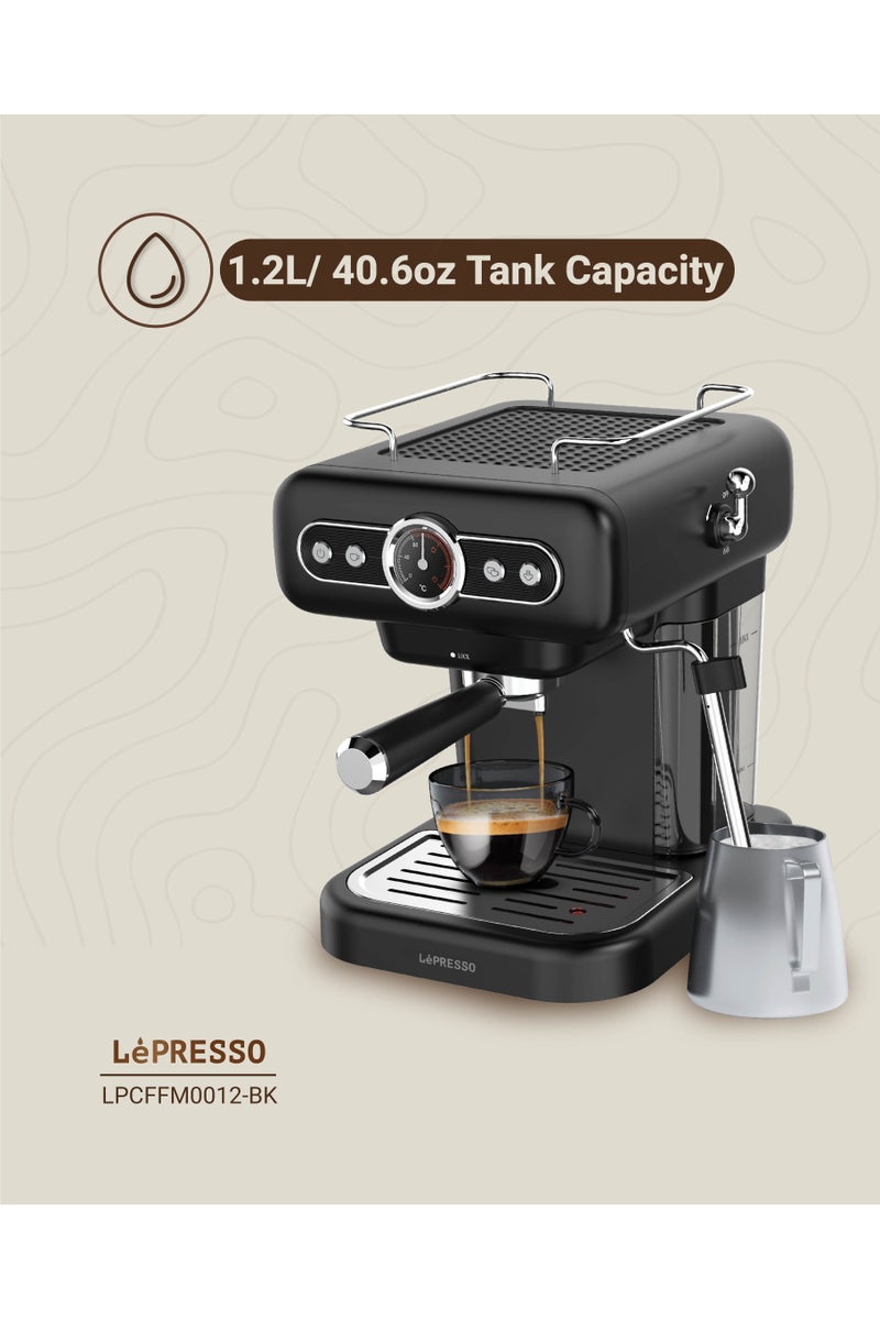 LePRESSO Espresso Machine Retro with Boiler Gauge & Flow Meter / Cup Warmer / Washable Drip Tray / Steam Control / 1.2 L Tank Capacity / 15 Bar Pressure - Black - Image 3