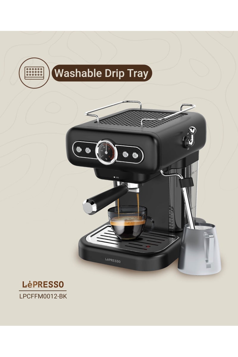 LePRESSO Espresso Machine Retro with Boiler Gauge & Flow Meter / Cup Warmer / Washable Drip Tray / Steam Control / 1.2 L Tank Capacity / 15 Bar Pressure - Black - Image 2