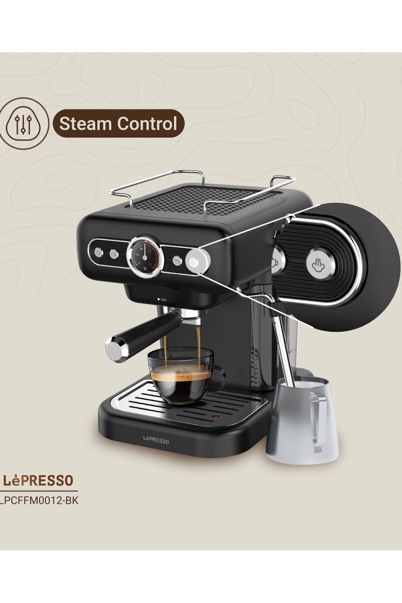 LePRESSO Espresso Machine Retro with Boiler Gauge & Flow Meter / Cup Warmer / Washable Drip Tray / Steam Control / 1.2 L Tank Capacity / 15 Bar Pressure - Black - Image 5