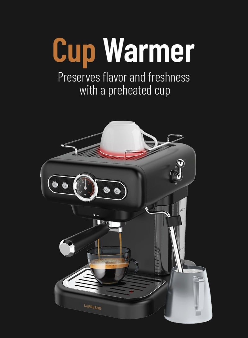 ليبرسو آلة صنع الإسبريسو ريترو مع مقياس الغلاية ومقياس التدفق / سخان الأكواب / صينية تنقيط قابلة للغسل / التحكم في البخار / سعة خزان 1.2 لتر / ضغط 15 بار - أسود - Image 3