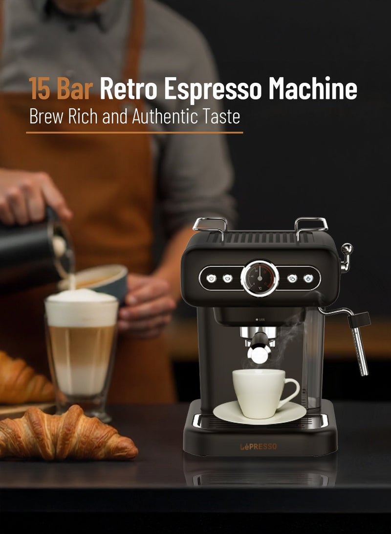 ليبرسو آلة صنع الإسبريسو ريترو مع مقياس الغلاية ومقياس التدفق / سخان الأكواب / صينية تنقيط قابلة للغسل / التحكم في البخار / سعة خزان 1.2 لتر / ضغط 15 بار - أسود - Image 2