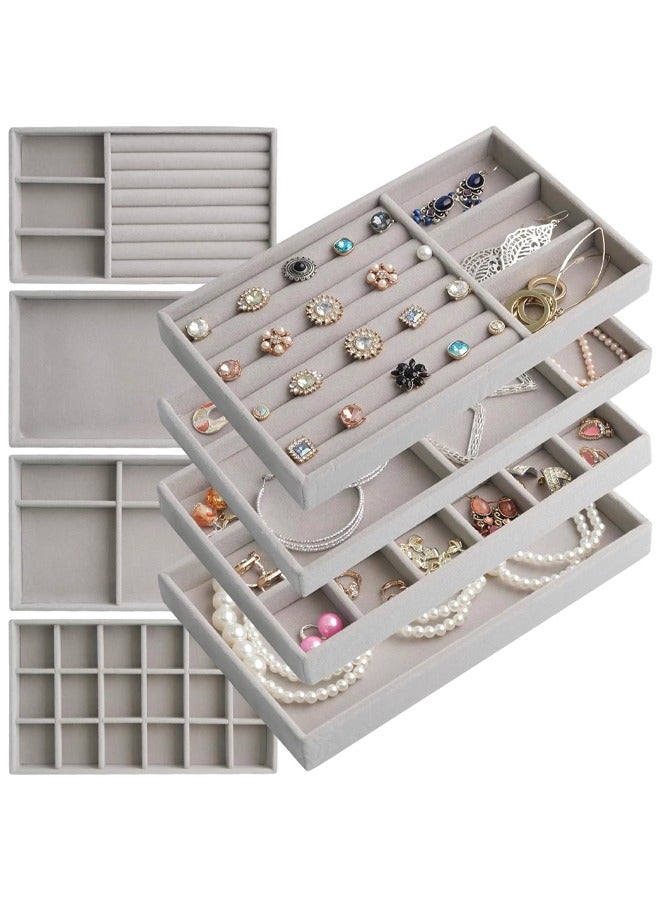 بوفان 4 قطع من صواني تنظيم المجوهرات القابلة للتكديس للأدراج، حاويات عرض المجوهرات، علبة تخزين للأقراط والقلائد والخواتم والأساور مع فواصل قابلة للإزالة (رمادي) - Image 1