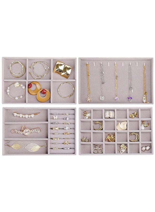 بوفان 4 قطع من صواني تنظيم المجوهرات القابلة للتكديس للأدراج، حاويات عرض المجوهرات، علبة تخزين للأقراط والقلائد والخواتم والأساور مع فواصل قابلة للإزالة (رمادي) - Image 2