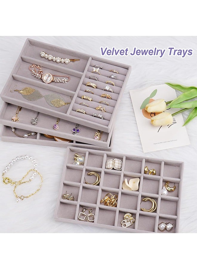 بوفان 4 قطع من صواني تنظيم المجوهرات القابلة للتكديس للأدراج، حاويات عرض المجوهرات، علبة تخزين للأقراط والقلائد والخواتم والأساور مع فواصل قابلة للإزالة (رمادي) - Image 3
