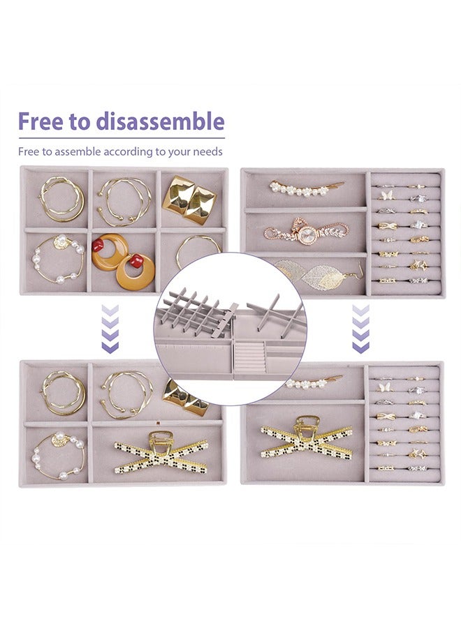 بوفان 4 قطع من صواني تنظيم المجوهرات القابلة للتكديس للأدراج، حاويات عرض المجوهرات، علبة تخزين للأقراط والقلائد والخواتم والأساور مع فواصل قابلة للإزالة (رمادي) - Image 4