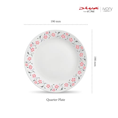 La Opala Diva Ivory Collection Opal Glass Crockery | Quarter Plate Set of 6 | Grace Red Design | Side Plate for Snacking & Gifting | Microwave Safe | 100% Vegetarian | Extra Strong | Light & White - Image 2