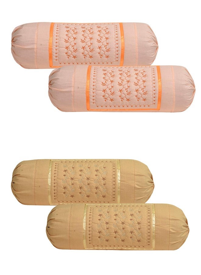 HSR Collection Embroidered Cotton Bolster Round Pillow Covers (Pack of 4, Orange & Biscuit) - Image 1