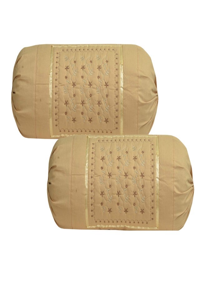 HSR Collection Embroidered Cotton Bolster Round Pillow Covers (Pack of 4, Orange & Biscuit) - Image 3