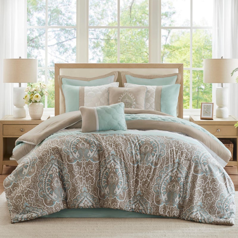 510 DESIGN Luxe Quilted Comforter Set Modern Transitional Design All Season Down Alternative Warm Bedding Matching Shams Bedskirt Decorative Pillow King Shawnee Scrollwork Seafoam - Image 2