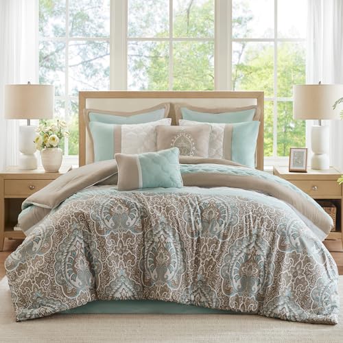 510 DESIGN Luxe Quilted Comforter Set Modern Transitional Design All Season Down Alternative Warm Bedding Matching Shams Bedskirt Decorative Pillow King Shawnee Scrollwork Seafoam - Image 1