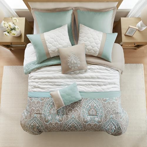510 DESIGN Luxe Quilted Comforter Set Modern Transitional Design All Season Down Alternative Warm Bedding Matching Shams Bedskirt Decorative Pillow King Shawnee Scrollwork Seafoam - Image 3