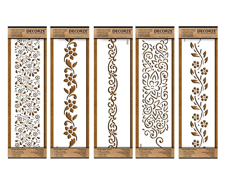 Plastic Stencils for Border Art, Stencils for Wall, Border Stencils for Wall Painting Suitable for Room Wall Decoration Purpose (Set of 5)(Color-White)|Design-7