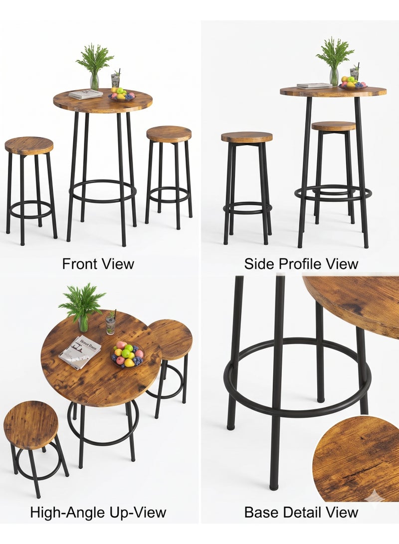 Mobellya EG  Rustic Industrial Bar Table Set with 2 Stools – Round Wooden Top and Metal Frame for Home Kitchen or Dining Room - Image 3