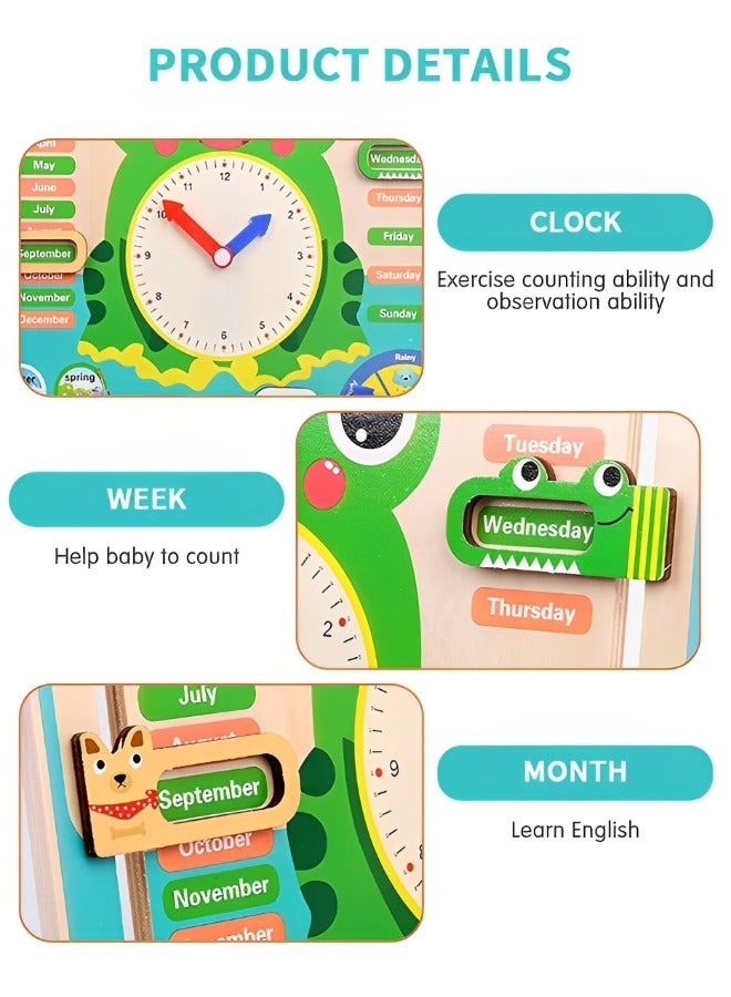 GROIC Montessori Wooden Toys Kids Learning Clock, Multifunctional Wooden Frog Teaching Clock Calendar, Weather, Season, Time, Week Telling-Preschool Educational and Fun - Image 2