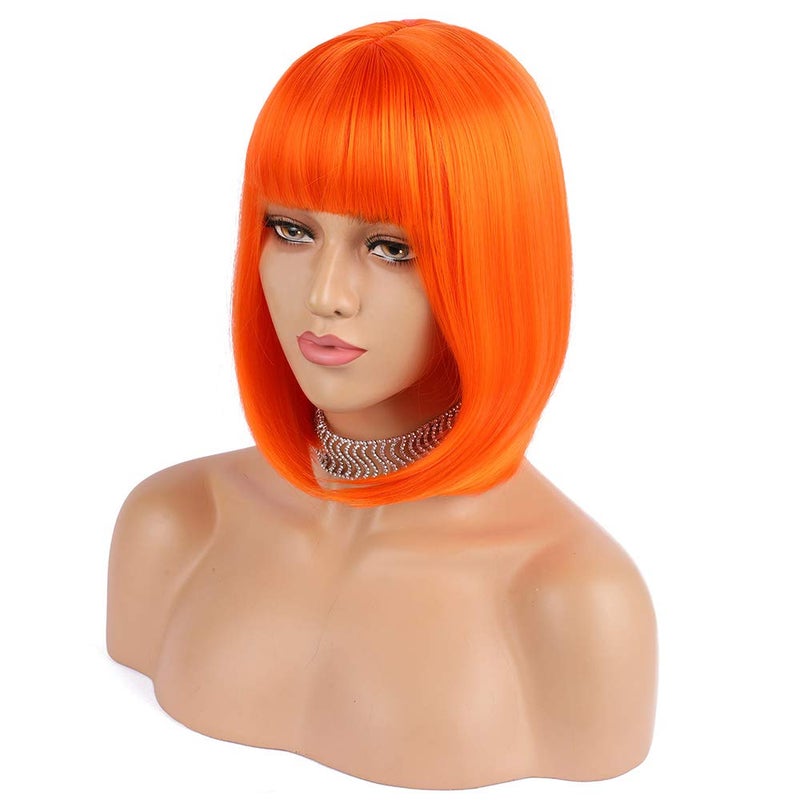 eNilecor Short Bob Hair Wigs 12 Straight with Flat Bangs Synthetic Colorful Cosplay Daily Party Wig for Women Natural As Real Hair Free Wig Cap Orange