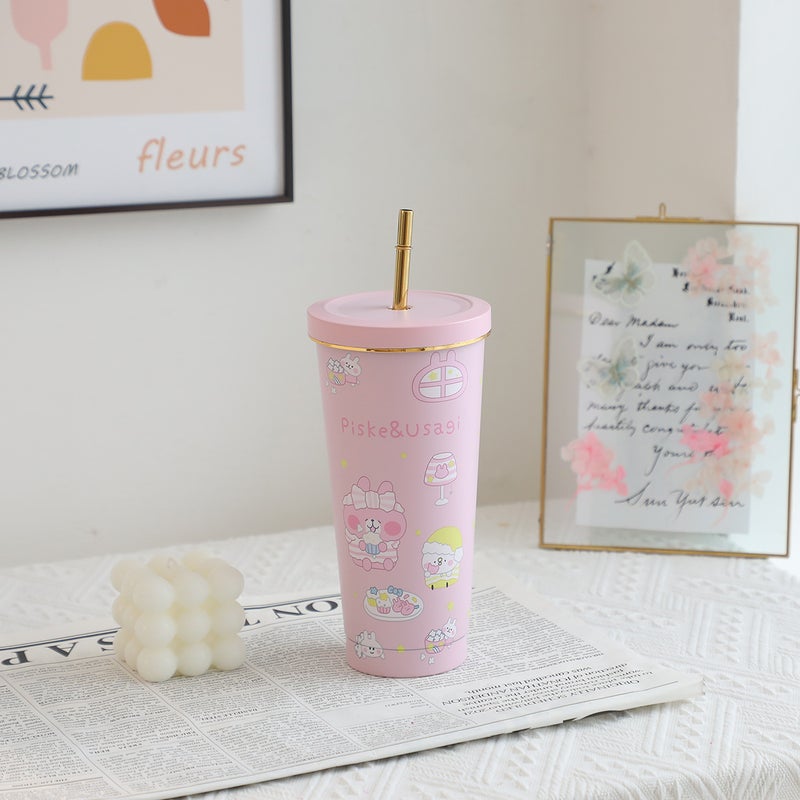 Cute Phnom Penh 304 Stainless Steel Thermos Cup Large Capacity 750Ml Cartoon Vacuum Double-Layer Suction Cup Ice Bully Cup - Image 1
