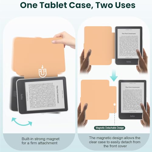 E NET-CASE Detachable Magnetic Case for 6" Kobo Clara Colour (2024) /Clara BW (2024) /2E (2022) eReader, Ultra Clear Back Scratch-Proof Light丨Easy to Detach & Attach丨Auto Sleep/Wake (Orange Flower) - Image 3