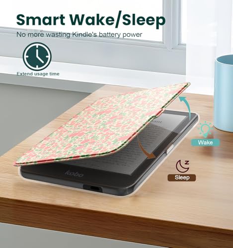 E NET-CASE Detachable Magnetic Case for 6" Kobo Clara Colour (2024) /Clara BW (2024) /2E (2022) eReader, Ultra Clear Back Scratch-Proof Light丨Easy to Detach & Attach丨Auto Sleep/Wake (Orange Flower) - Image 4