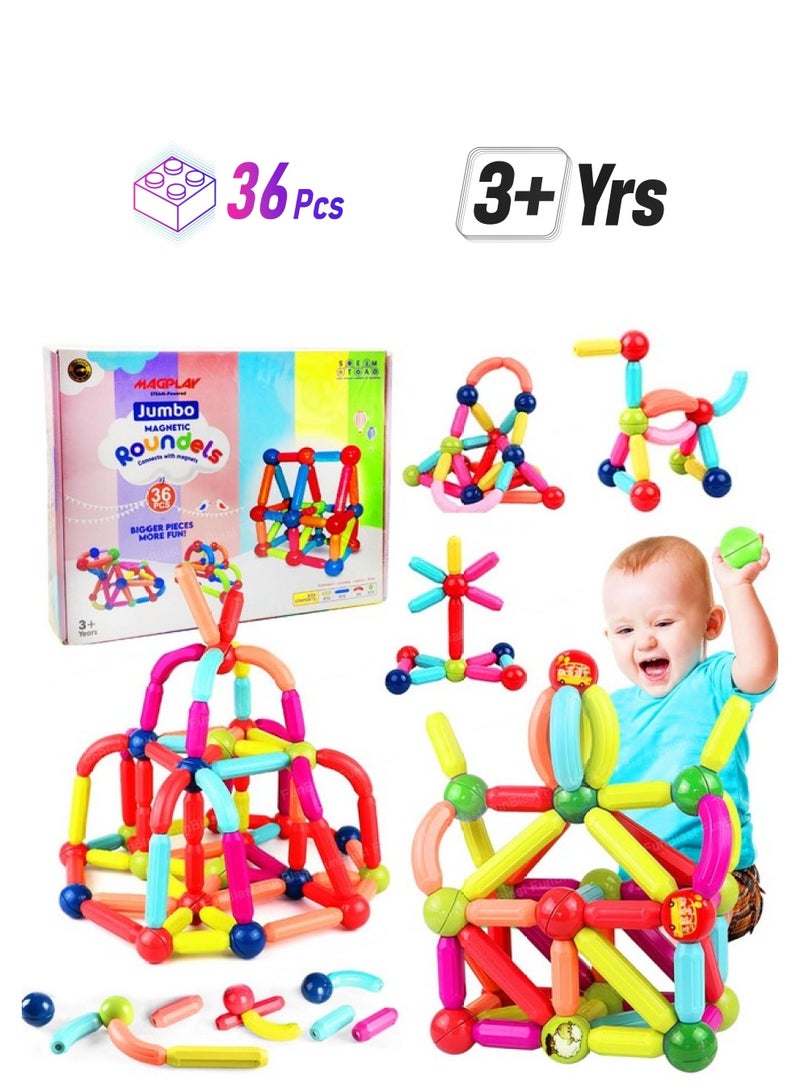 فنبلاست مكعبات بناء أعواد مغناطيسية من فن بلاست للأطفال - 36 قطعة من ألعاب الألغاز للأطفال، ألعاب STEM للأطفال، ألعاب بناء وتشييد، لعبة تعليمية وتعليمية للأطفال من سن 3 سنوات فما فوق، أولاد وبنات - Image 1
