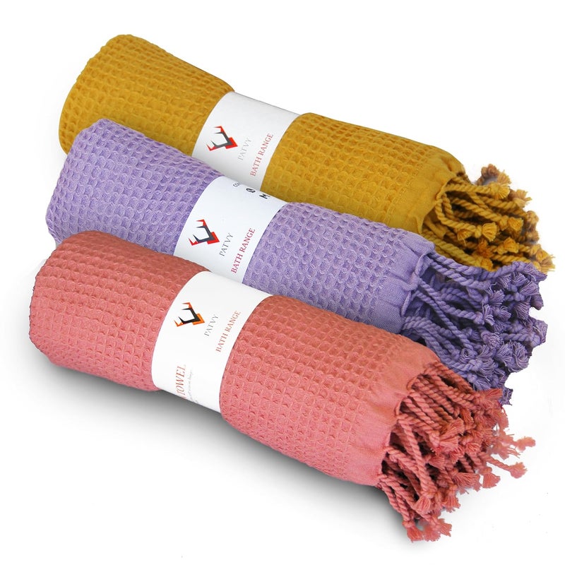 PATVY Bath Towels 100 Cotton Waffle Weave Large Size Towels 75 x 150cm Quick Absorption Faster Drying Bath Towel for Women Men Pack of 3 Lilac Brick Mustard Yellow - Image 1