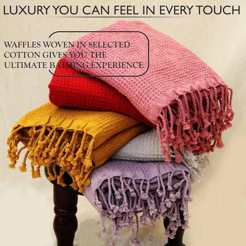PATVY Bath Towels 100 Cotton Waffle Weave Large Size Towels 75 x 150cm Quick Absorption Faster Drying Bath Towel for Women Men Pack of 3 Lilac Brick Mustard Yellow - Image 2