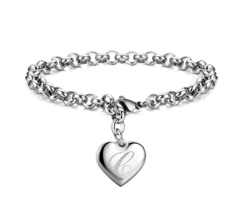 Monily Valentine's Day Initial Charm Bracelets for Women Stainless Steel Letters C Alphabet Heart Bracelet Jewelry Gifts for Women - Image 1