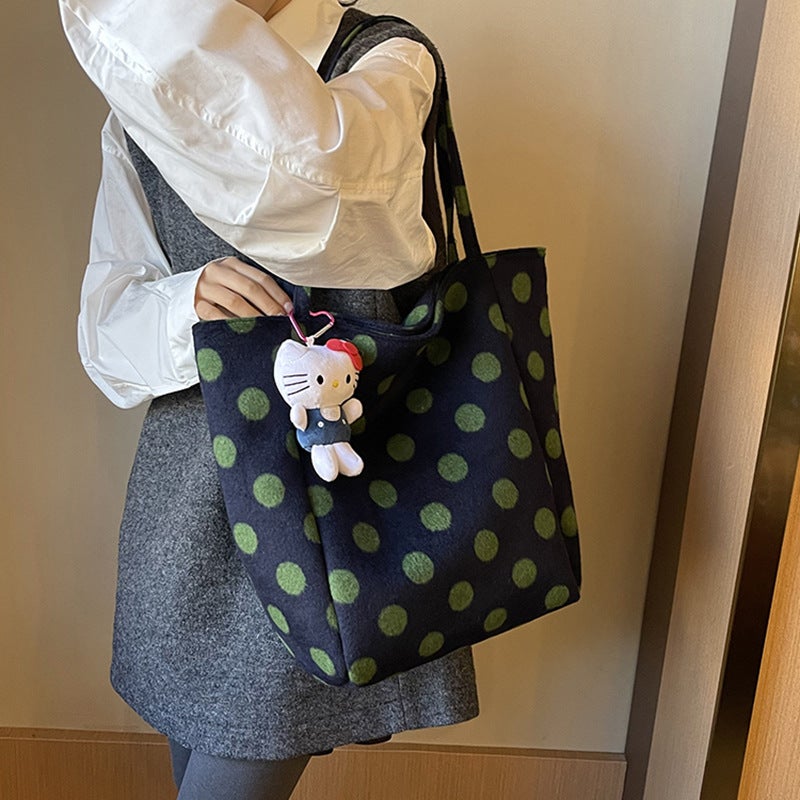 South Korea'S Dongdaemun New Shoulder Bag Women'S Woolen Fashion Casual Plaid Student Polka Dot Large Bag Hand Bag - Image 4