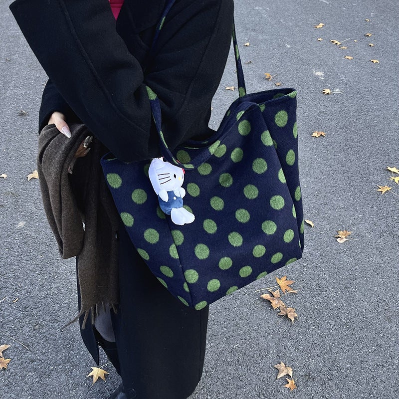 South Korea'S Dongdaemun New Shoulder Bag Women'S Woolen Fashion Casual Plaid Student Polka Dot Large Bag Hand Bag - Image 2