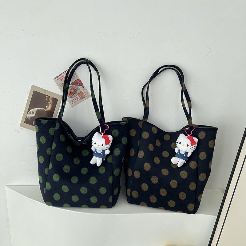 South Korea'S Dongdaemun New Shoulder Bag Women'S Woolen Fashion Casual Plaid Student Polka Dot Large Bag Hand Bag - Image 5