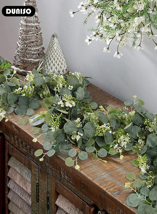 DUNISO Artificial Greenery Garland with Flowers, Leaf Eucalyptus Garland Hanging for Wedding Home Party Craft Art Table Runner Backdrop Indoor Outdoor Decor  - Image 5