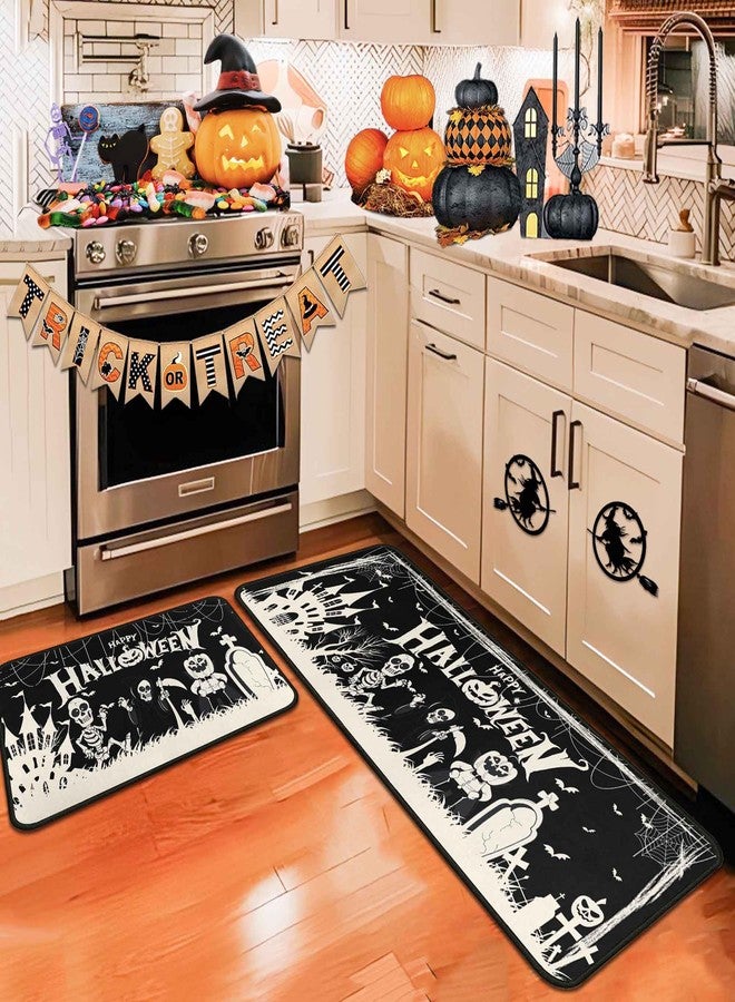 kukli kitchen Happy Halloweeen Kitchen Rugs and Mats Set of 2, Skull Pumpkin Kitchen Mat, Castle Bat Halloween Farmhouse Party Floor Mat for Home Kitchen Decorations 17" x47"+17"x30" - Image 3